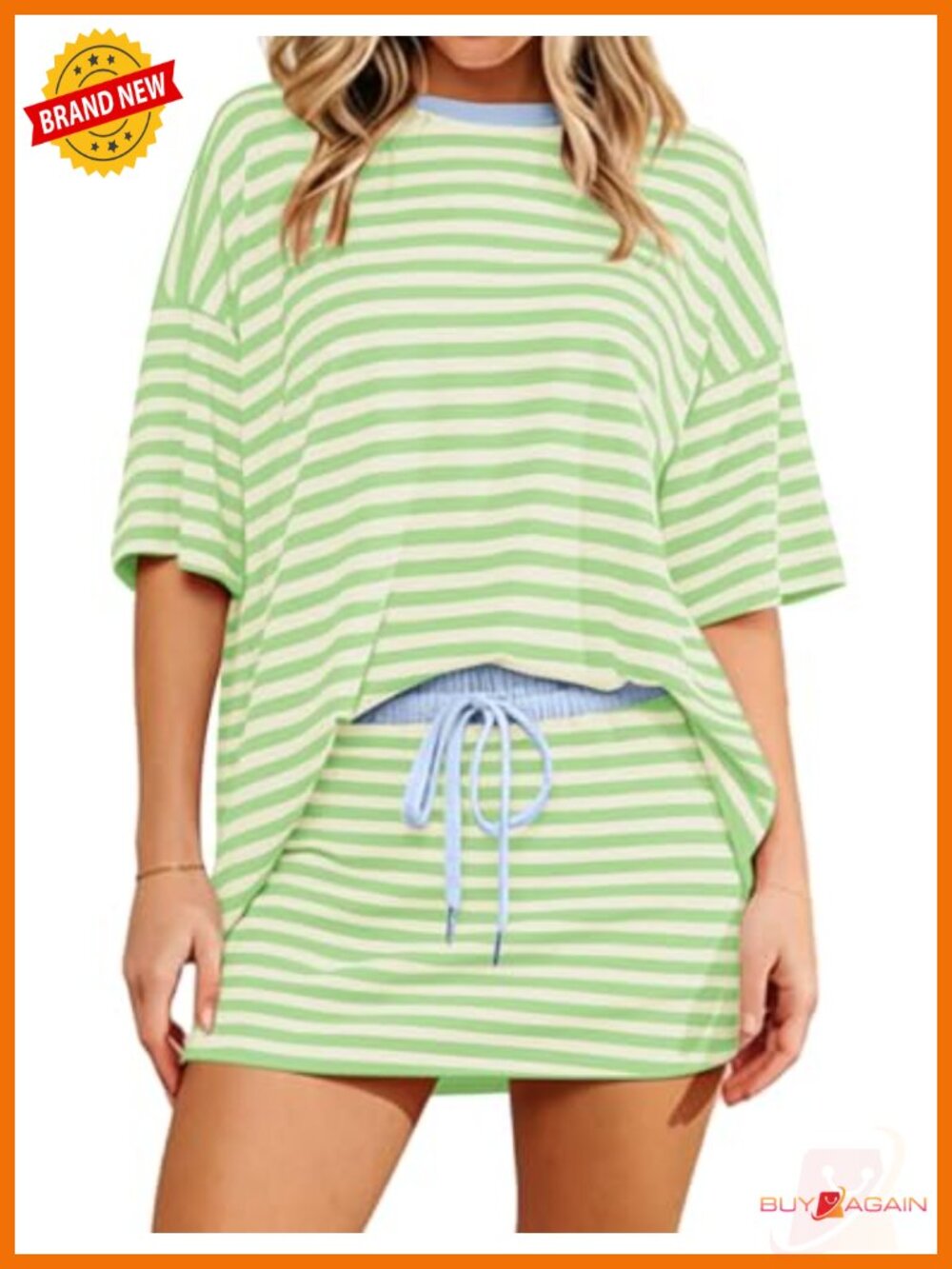 Women's 2 Piece Striped Short Set Oversized Tee Drawstring Lounge Outfit